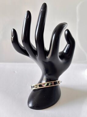 Vintage silver Mexican alpaca abalone mother-of-pearl inlays bangle bracelet